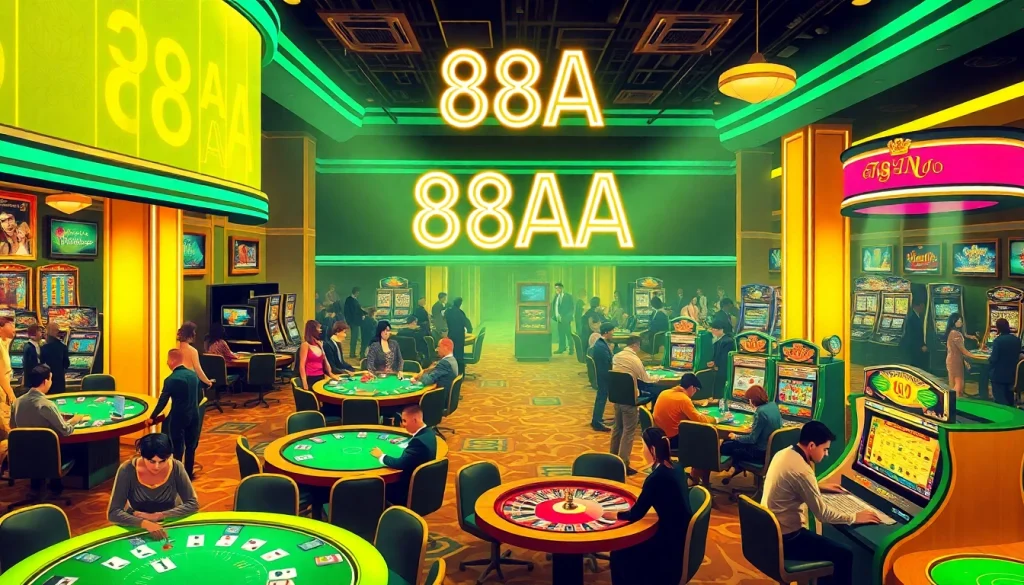 Experience the thrill of casino gaming with 88AA as players engage at poker and roulette tables in a luxurious setting.