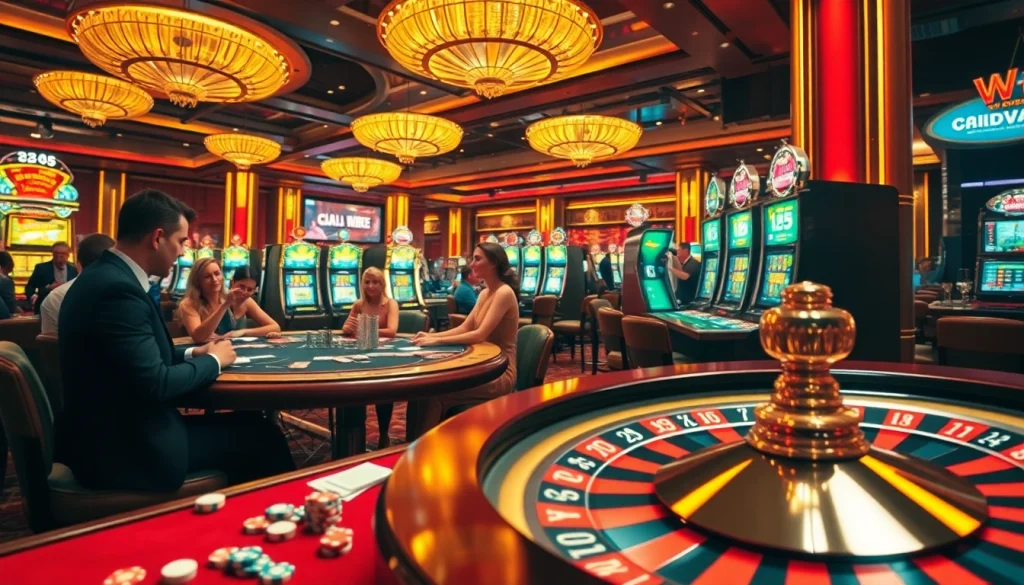 Experience thrilling casino action at https://tv88.digital/, showcasing poker tables and slot machines in a vibrant setting.
