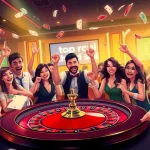 Players celebrating big wins in a casino, showcasing top nhà cái uy tín nhất with poker chips and roulette.